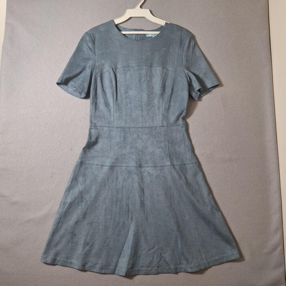 Karlie Women's Small Faux Suede Fit & Flare Mini Dress Denim Blue Short Sleeve
